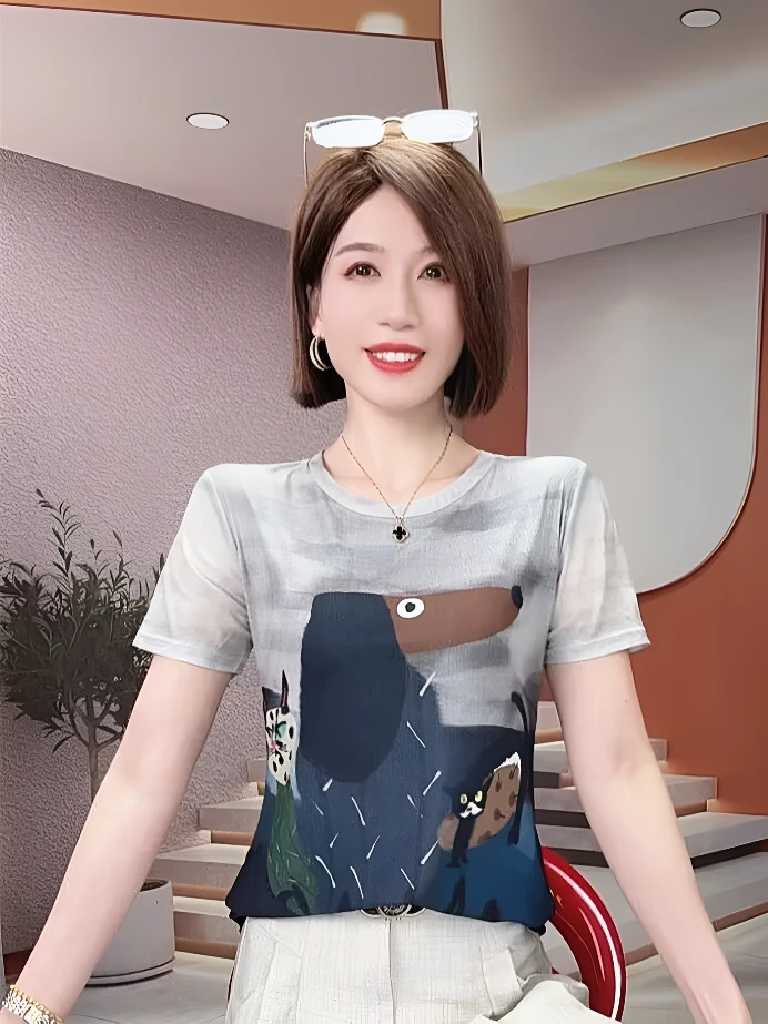 时尚扎染网纱网纱衫夏季薄款复古设计感显瘦打底衫减龄上衣T恤女