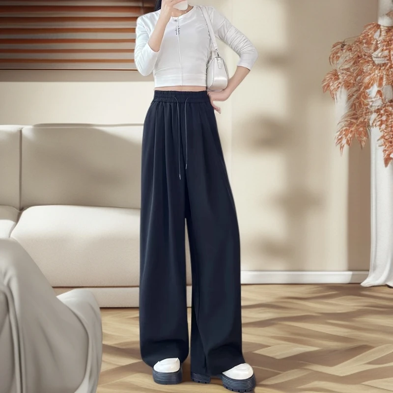 西装抽绳阔腿裤女秋季高腰垂坠顺滑显瘦百搭休闲直筒裤KZ752