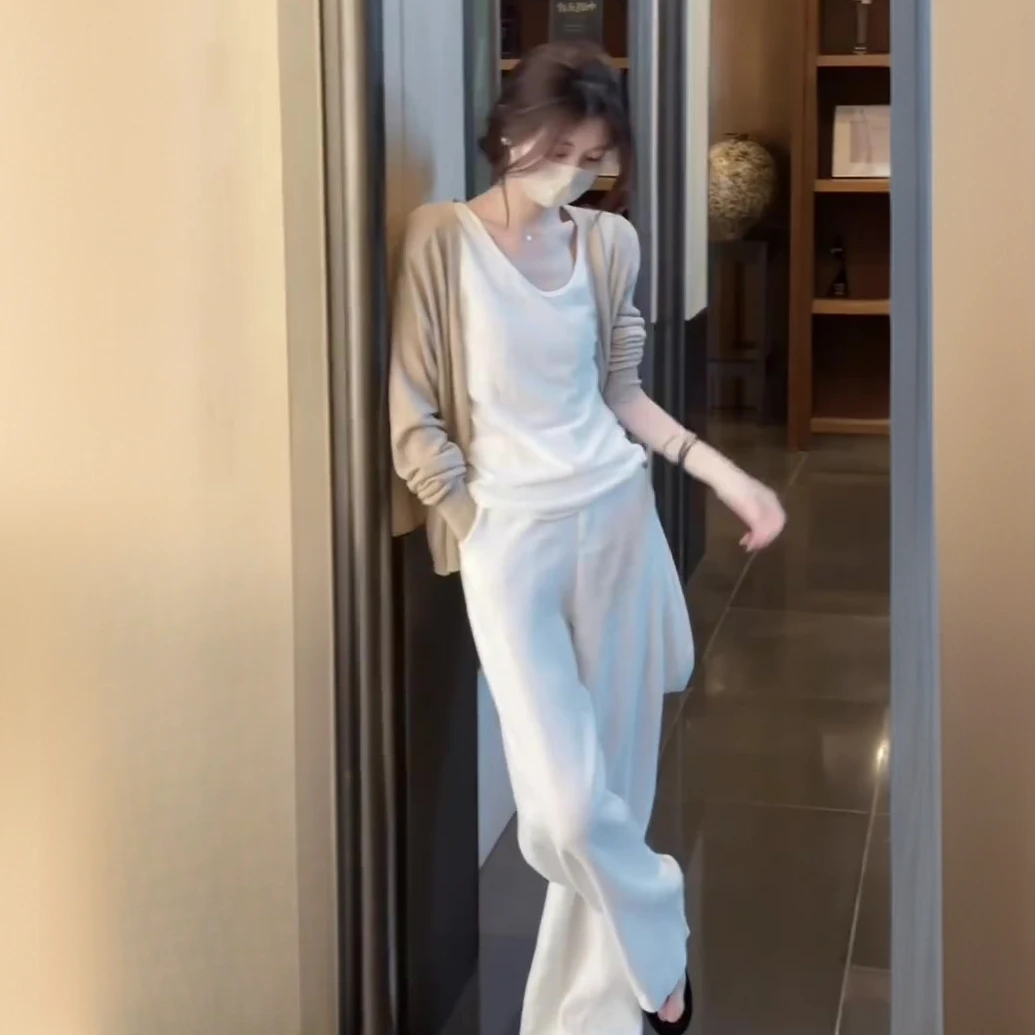 夏季新款女装韩系时尚气质慵懒风宽松防晒衣开衫吊带阔腿裤三件套