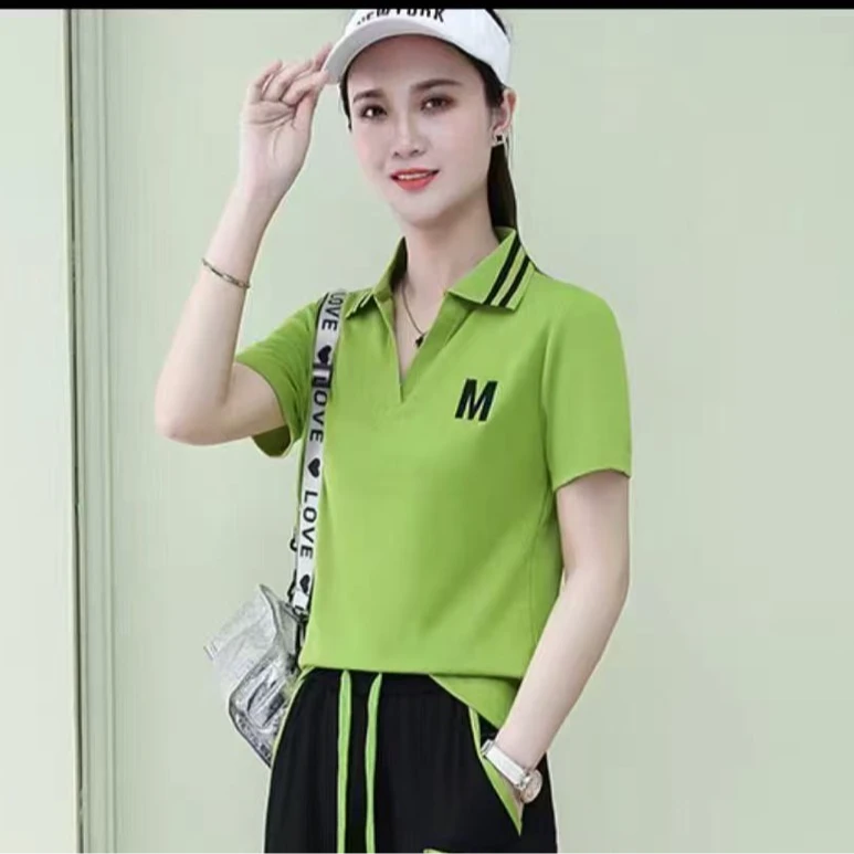 92133#M字母款翻领短袖T恤女显瘦休闲时尚百搭减龄夏季