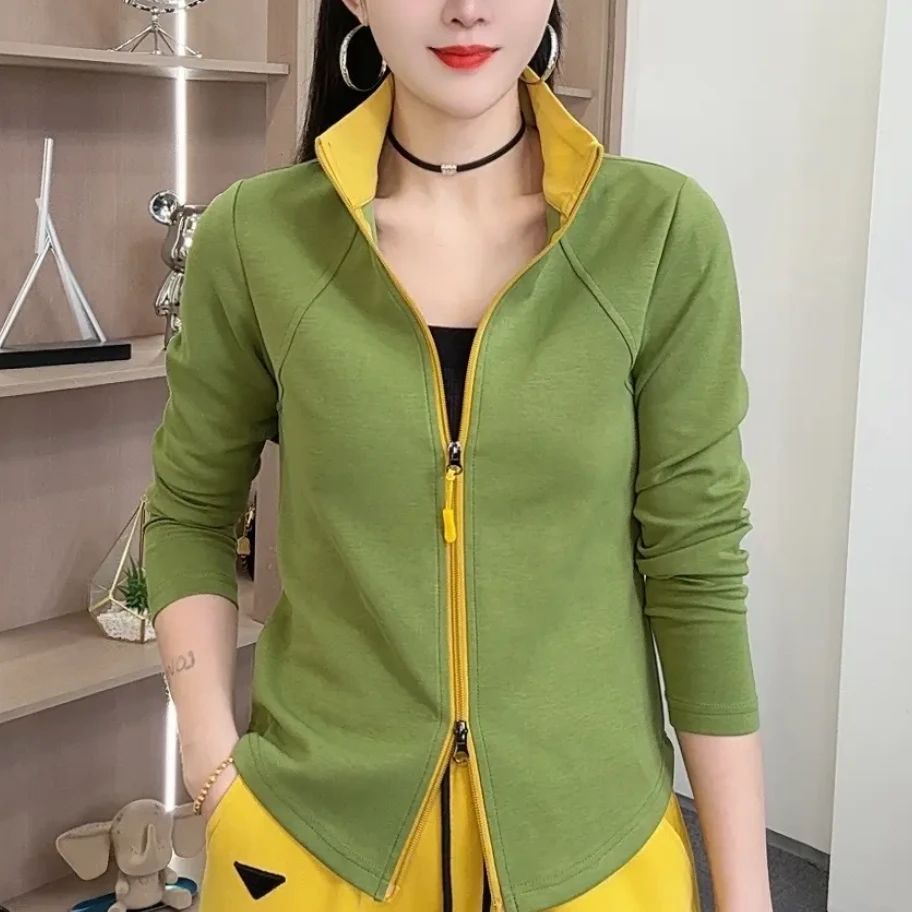 春季新款时尚百搭修身显瘦运动纯色拉链打底女士长袖开衫上衣