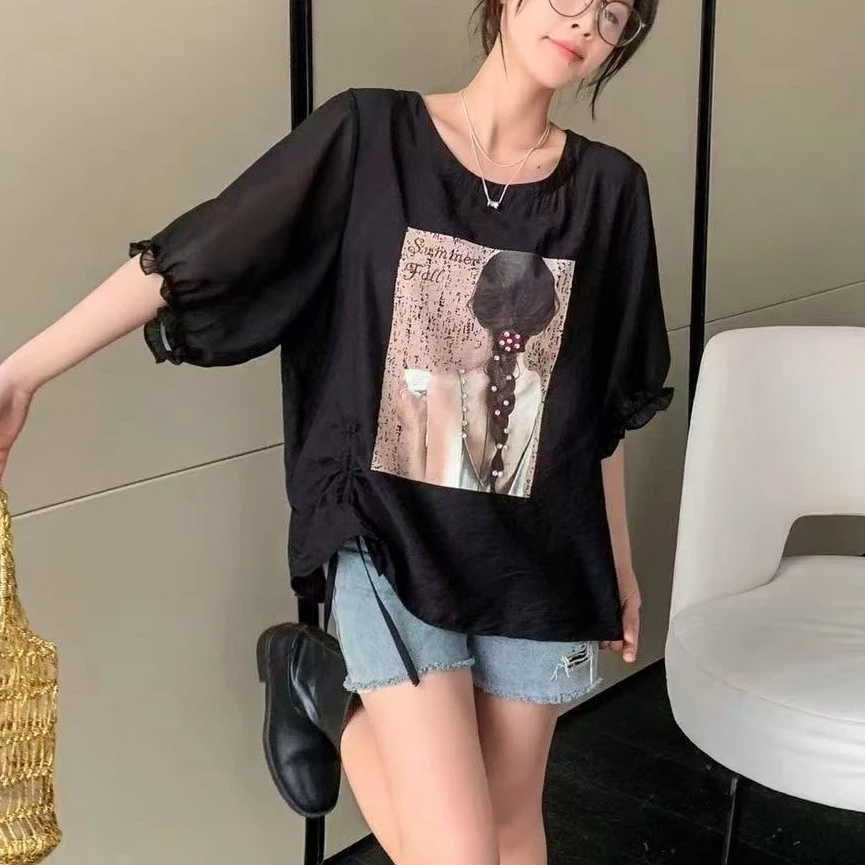 【锦衣服饰】SSJ 2861欧货麻花辫美女印花侧抽绳圆领短袖T