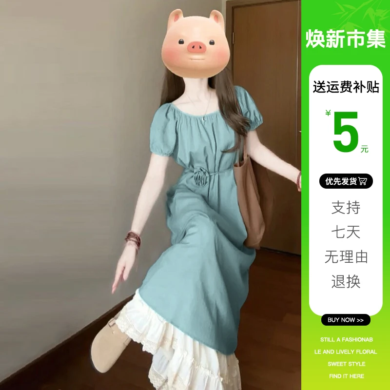 3795夏季女装新款蓝色泡泡袖连衣裙小个子法式气质高级感小众长裙