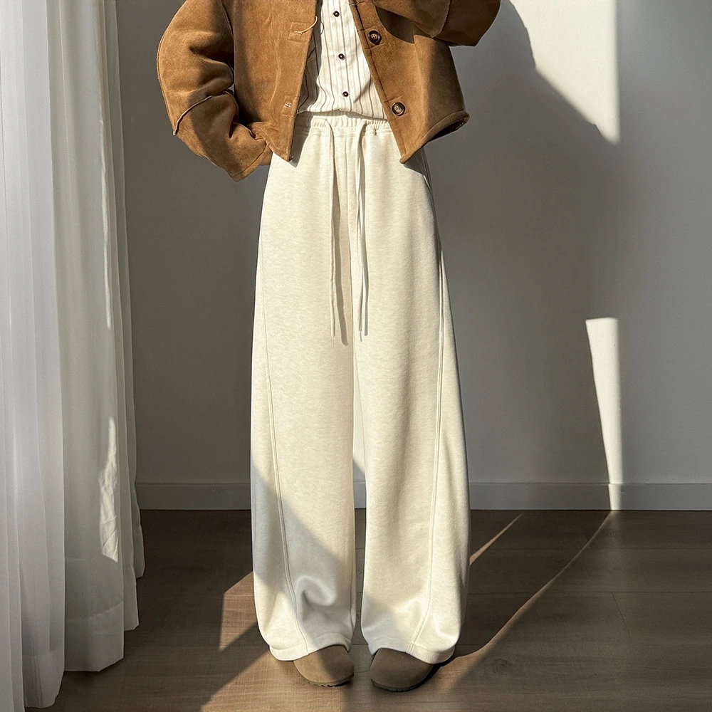 杏白色加厚弯刀裤子女秋冬加绒高腰显瘦醋酸羊毛休闲裤阔腿直筒裤