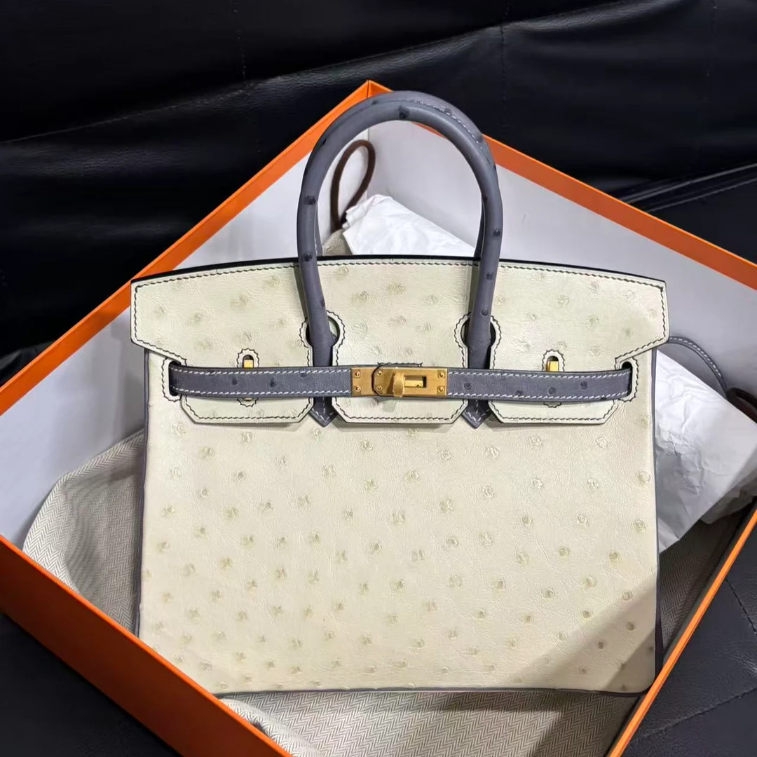 99新 Hermes/爱马仕 【小池专属】birkin25羊毛白拼鸵鸟皮金扣U刻