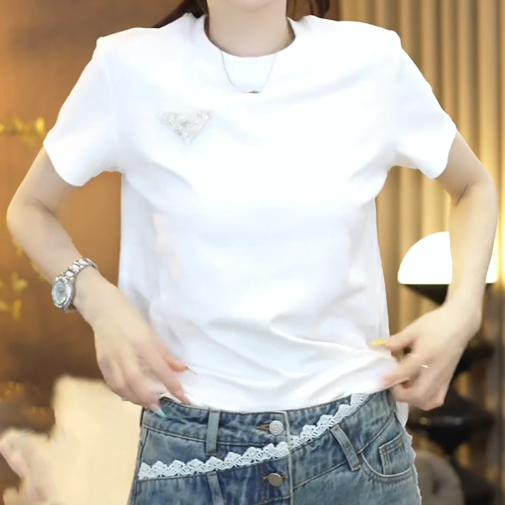 『银河系』春夏高奢潮流散银亮光时尚设计感重工圆领百搭短袖T恤