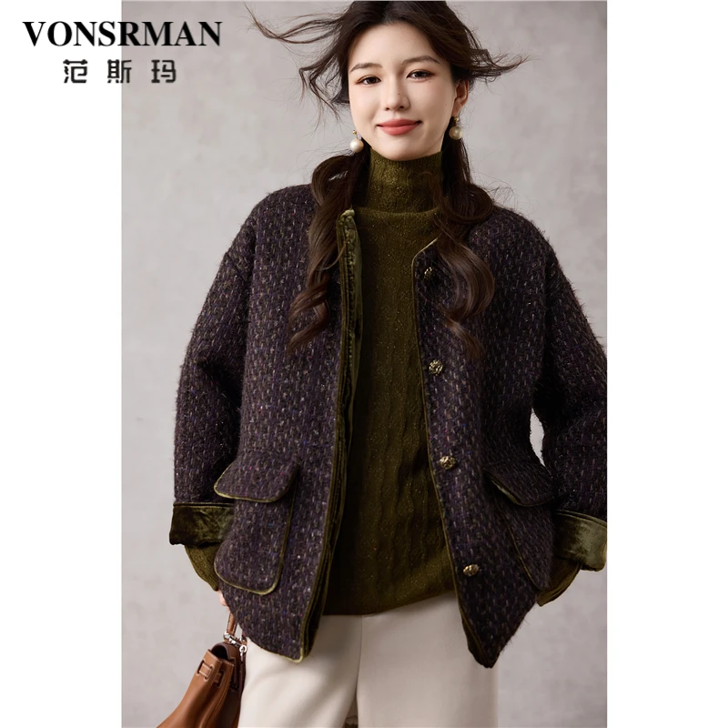 VONSRMAN小香风羽绒服女2025冬季新款高级感气质白鸭绒粗花呢外套