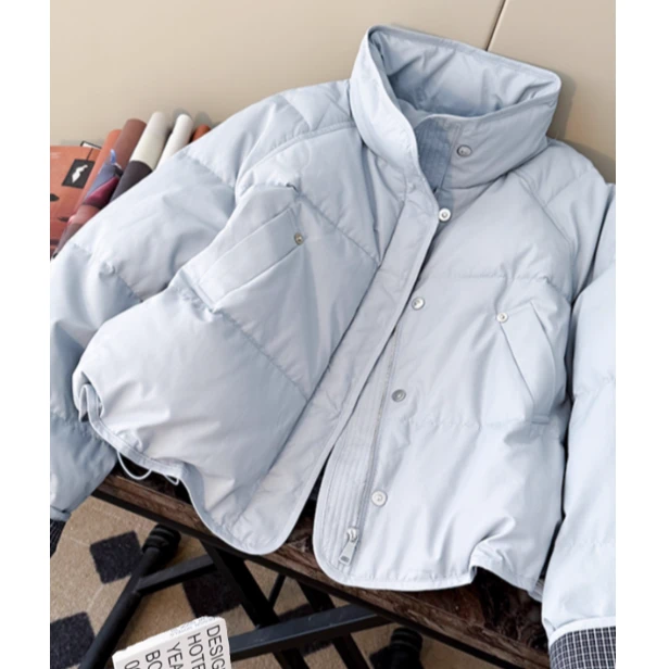 格子翻边袖立领面包服女2025冬季时尚休闲百搭小个子短款棉服外套