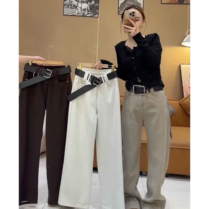 加绒通勤风窄版阔腿牛仔裤女2025秋冬新款高腰宽松显瘦保暖直筒裤