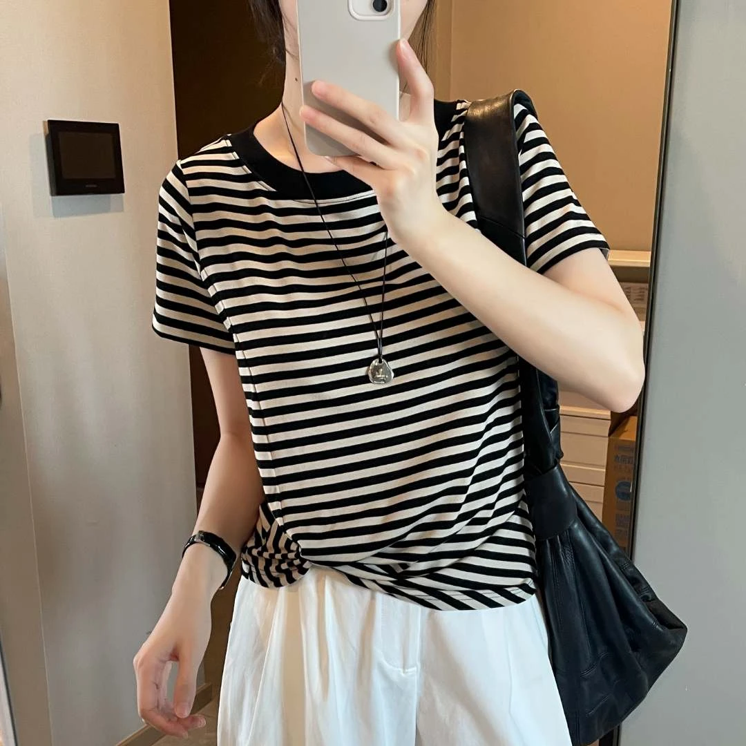 「95%莱塞尔天丝」 设计感褶皱条纹短袖T恤 夏季显瘦百搭半袖T147