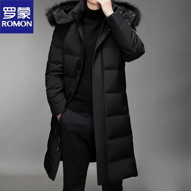 Romon/罗蒙冬季男士中长款大码羽服过膝保暖冬装新款连帽羽丝外套