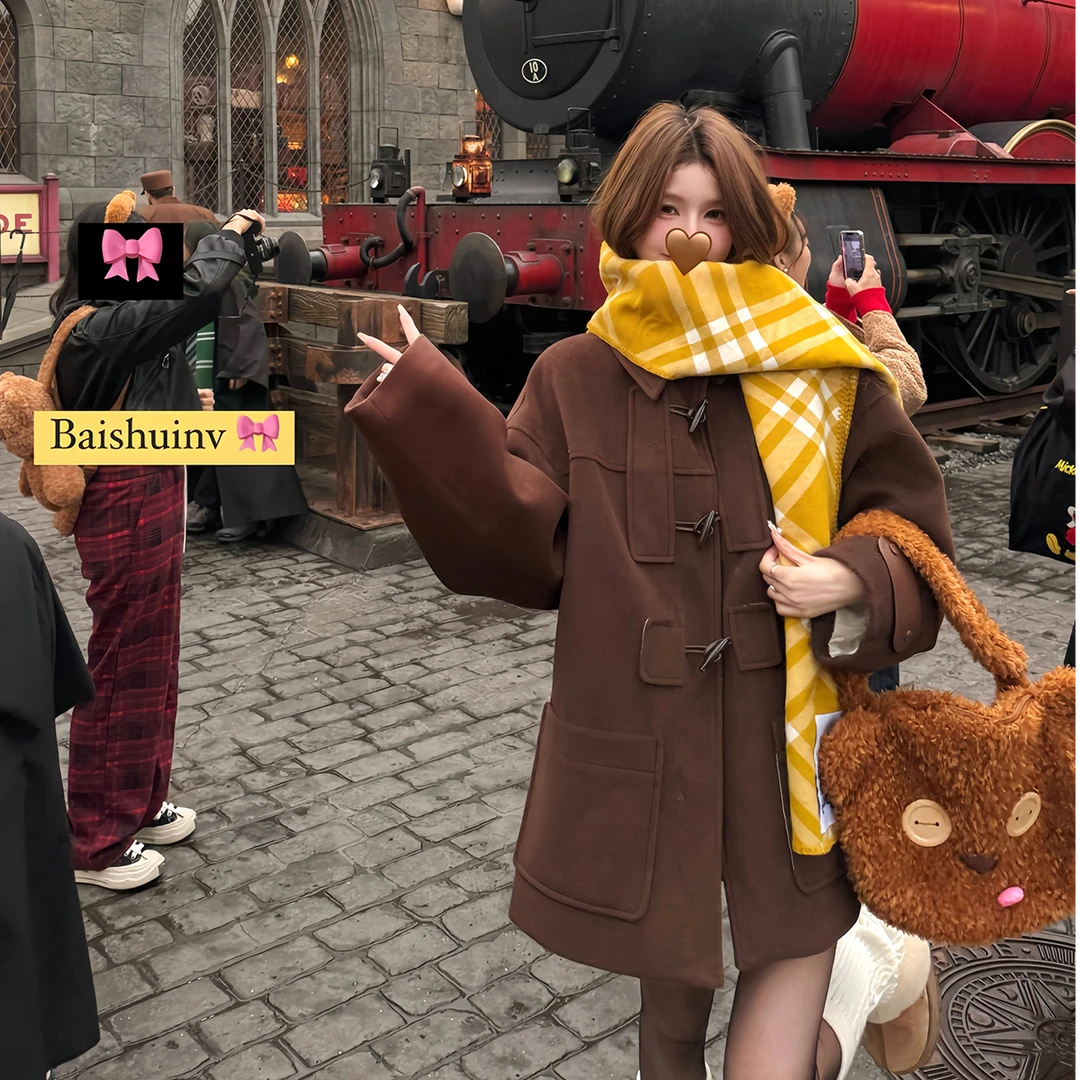 工厂清货福利~牛角扣毛呢大衣女秋冬韩系宽松保暖翻领外套QKL1545