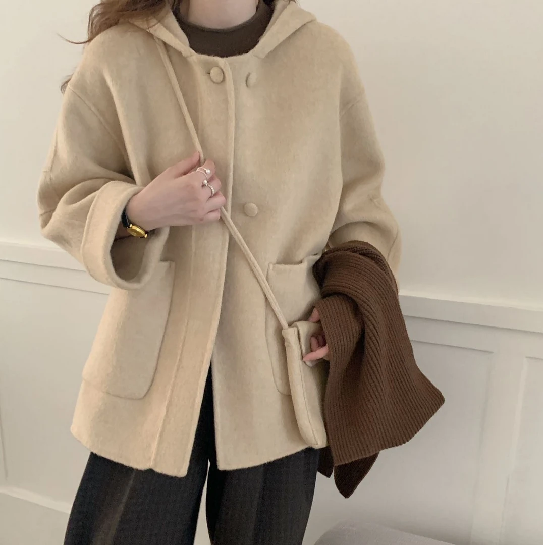 秋冬新款宽松韩版连帽大衣+包包毛呢外套