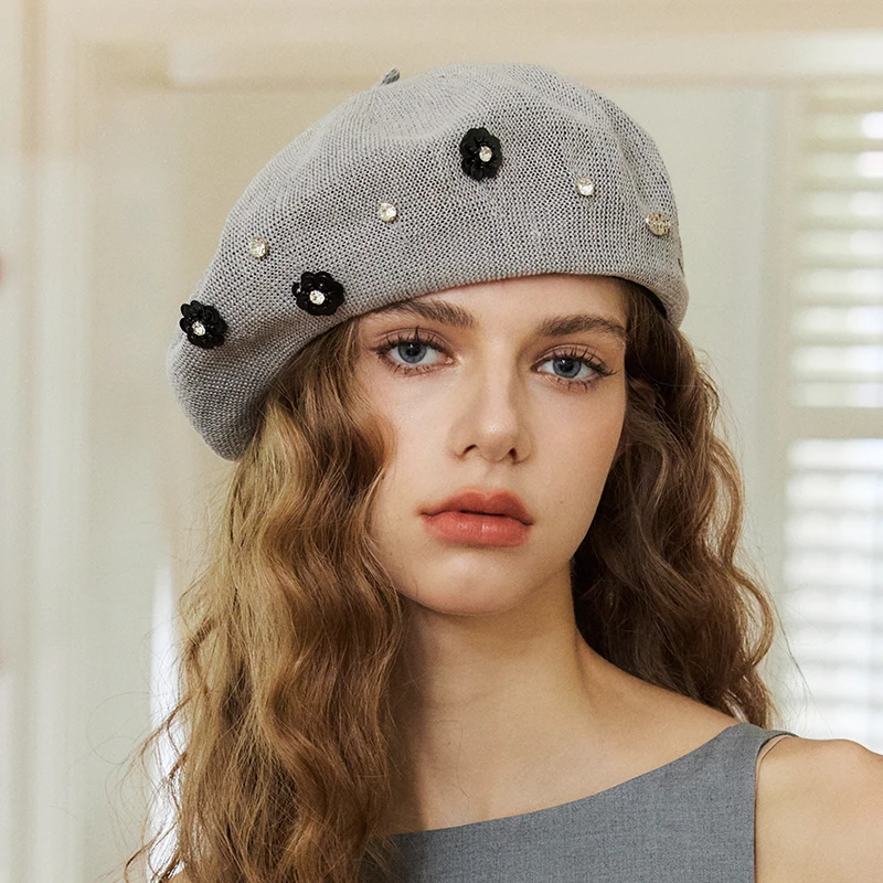CHUNISLET纯屿 牛仔拼接蕾丝贝雷帽女日常通勤出街拍照个性时尚帽