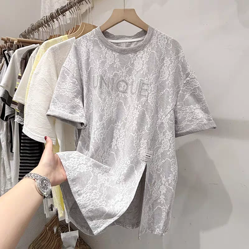 设计感刺绣时尚小众拼接休闲字母速干春夏蕾丝短袖显瘦T恤