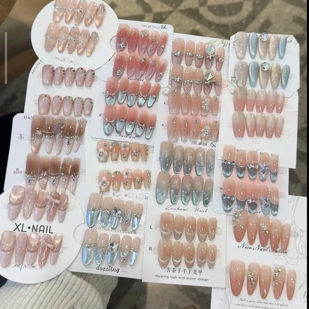 （买一送一）新款秋冬猫眼美甲片蝴蝶结法式渐变法式手工穿戴甲