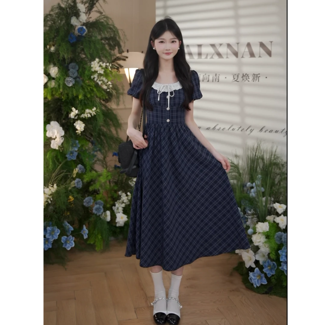 鹿向南「波恩画报」法式复古女夏季新款学院风藏青色格纹a字连衣裙