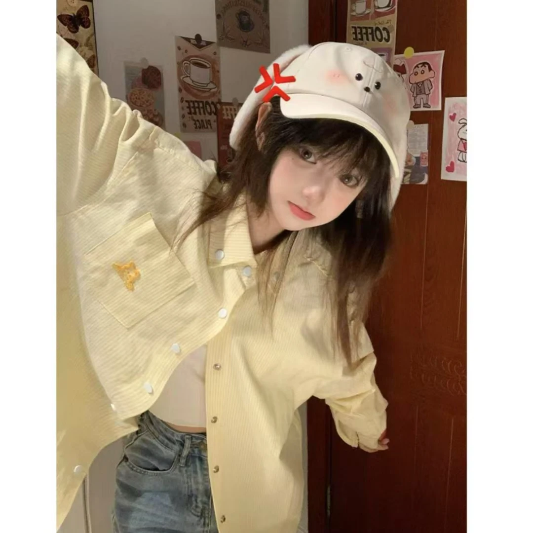 美式复古黄色条纹衬衫女款外穿夏季宽松休闲防晒开衫chic上衣外套