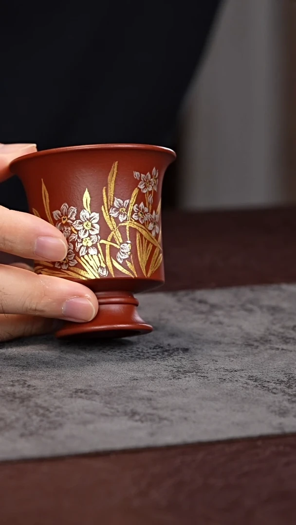 茶杯紫砂朱泥 金银水仙