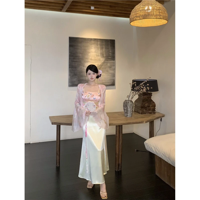 2025新款新中式国风提花刺绣吊带连衣裙女春季气质防晒外套两件套