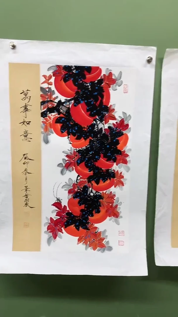 竖款精品开三花鸟，万事如意