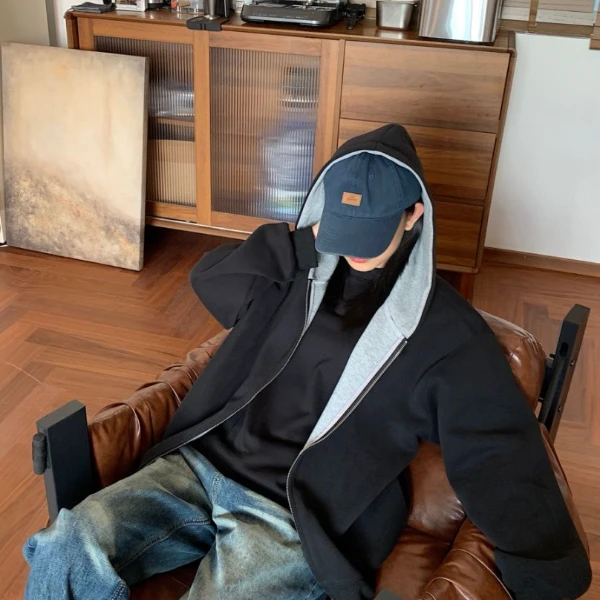 460G重磅拼色开衫卫衣男女同款连帽宽松休闲外套百搭运动情侣长袖