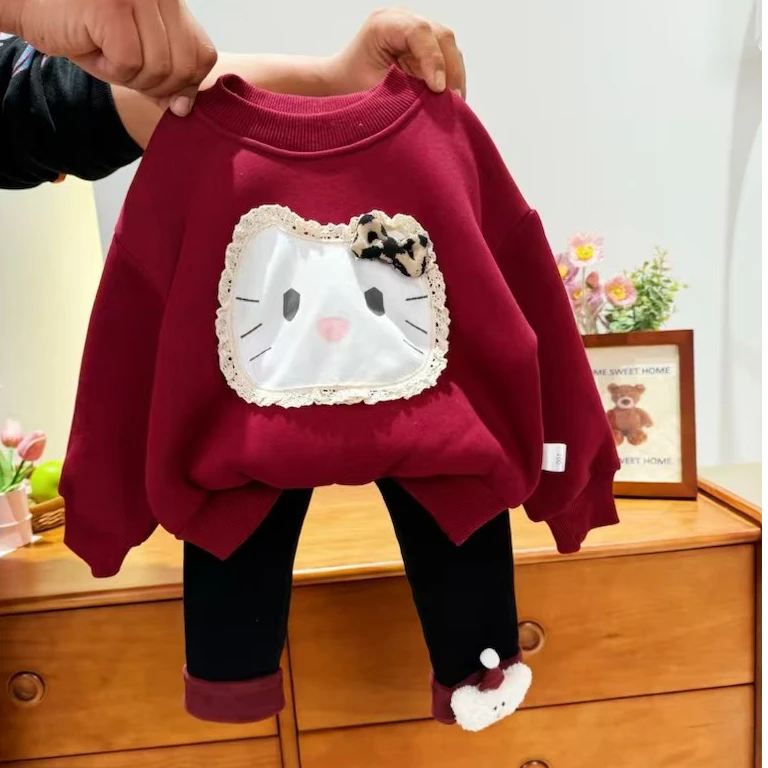 28106女童可爱猫咪加绒卫衣打底裤洋气冬装女宝一体绒加厚新年款
