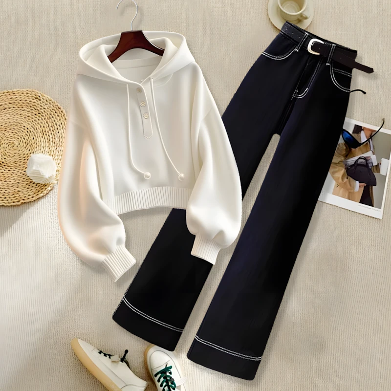 小众别致白色连帽抽绳针织卫衣秋季韩系慵懒风时尚深色休闲裤套装