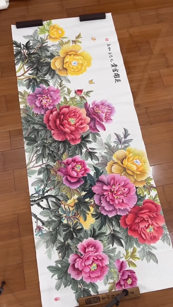 国画【福利，纯手绘国画】段虹尔牡丹横幅180*68厘米