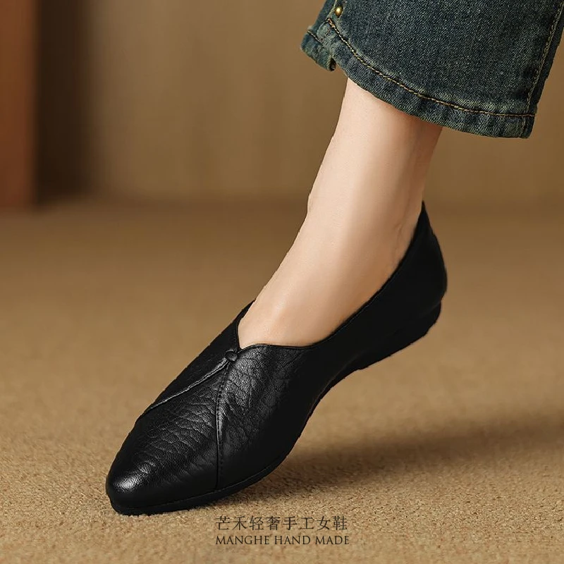 小众百搭|平底头层羊皮尖头复古单鞋女真皮浅口软底黑色小皮鞋女