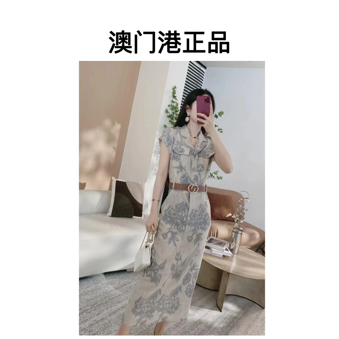 【澳门港正品】复古风腰间皮带翻领口袋设计印花连衣裙msl321