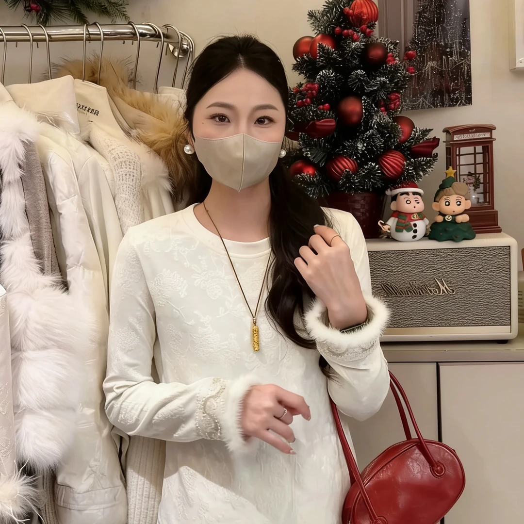 胖小旭【百搭神器】2025冬季新款国风拼接毛毛袖上衣内搭打底T恤