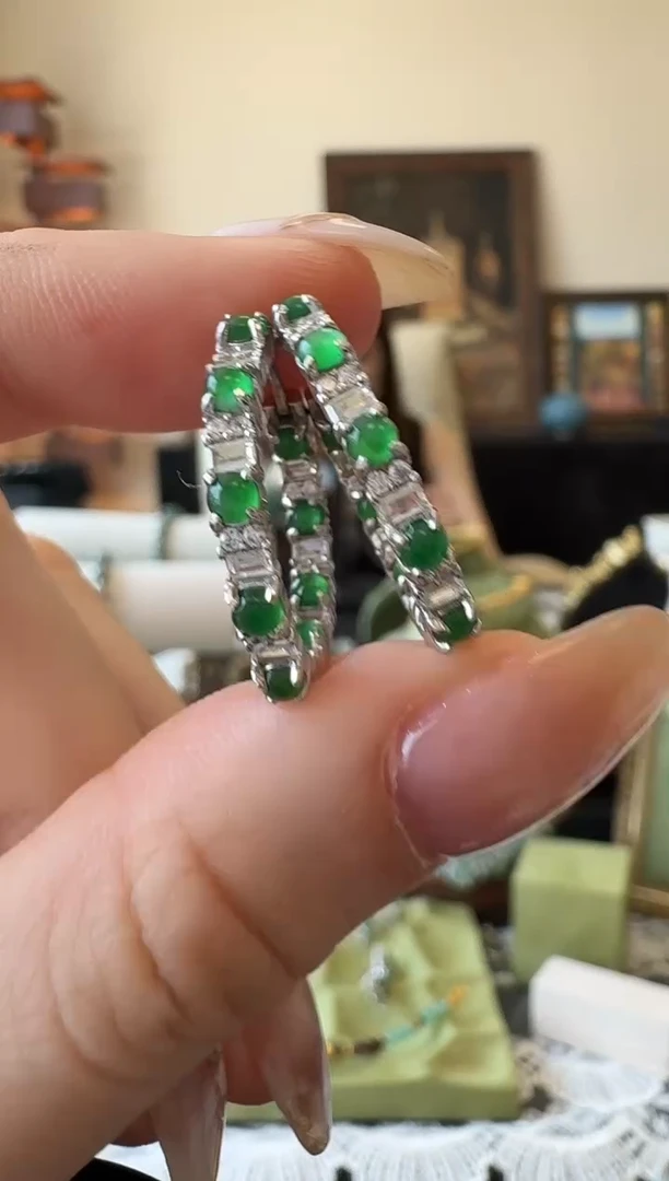 银S925镶嵌翡翠耳饰银镶