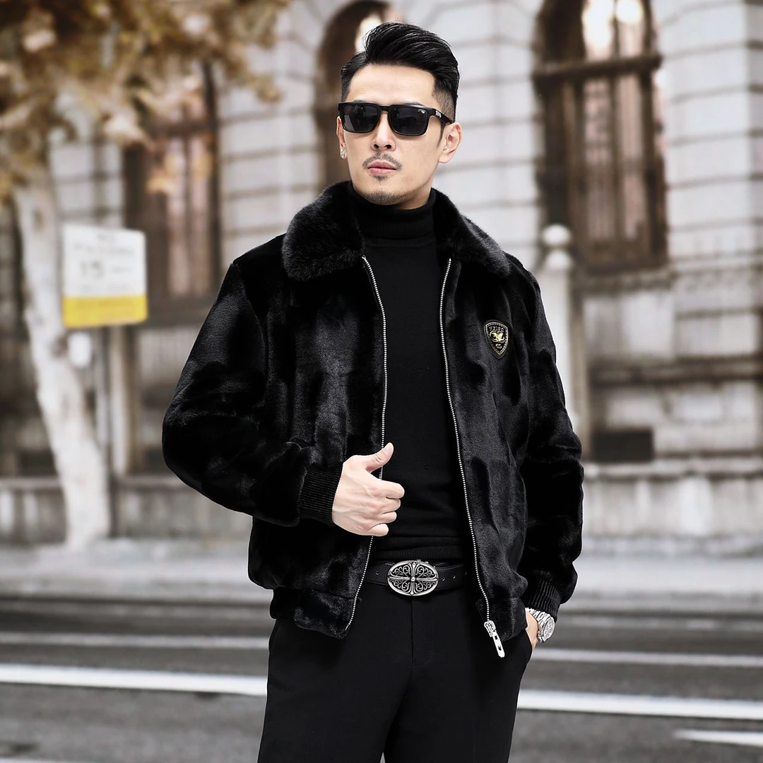 高端秋冬男保暖黑色短款男式貂绒夹克潮流修身休闲百塔黑男士夹克