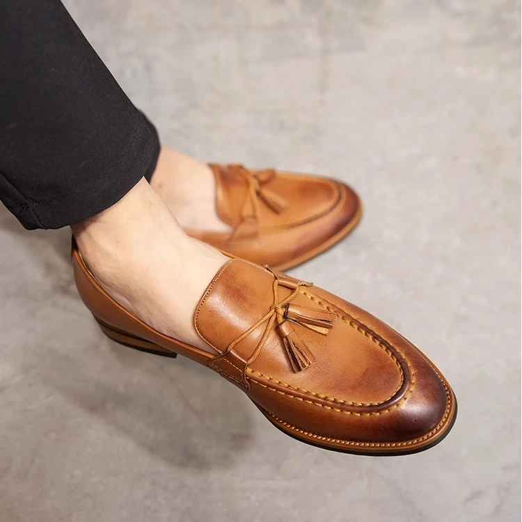 春季新款男流苏乐福鞋一脚蹬真牛皮单鞋男鞋正装皮鞋