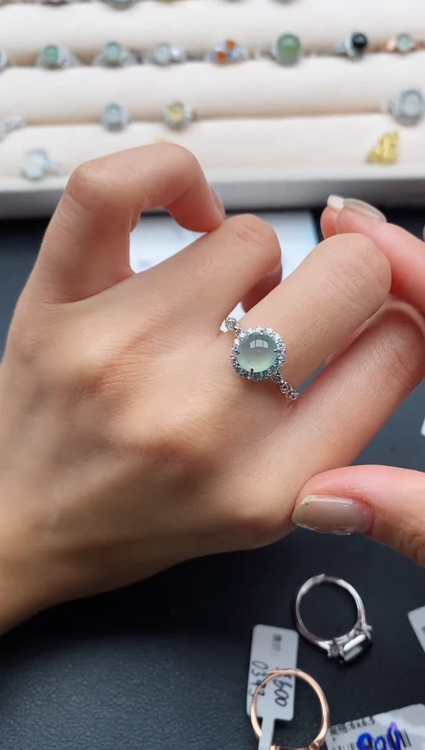 银S925镶嵌戒指翡翠缅甸天然A货翡翠44  5-8