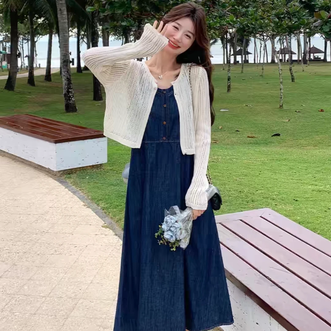 XC6001 大码女装2025春夏季新款胖妹复古显瘦牛仔吊带裙开衫套装