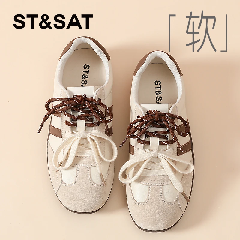 星期六真皮复古双系带德训鞋女秋2025新款时尚拼色休闲鞋运动板鞋