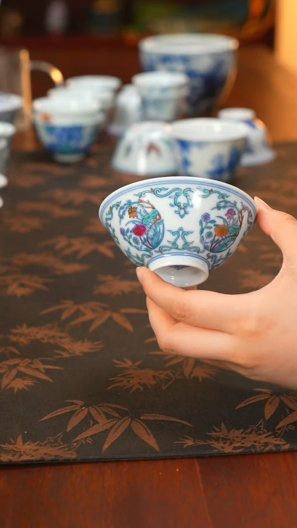 铖瓷窑柴窑斗彩团花斗笠杯