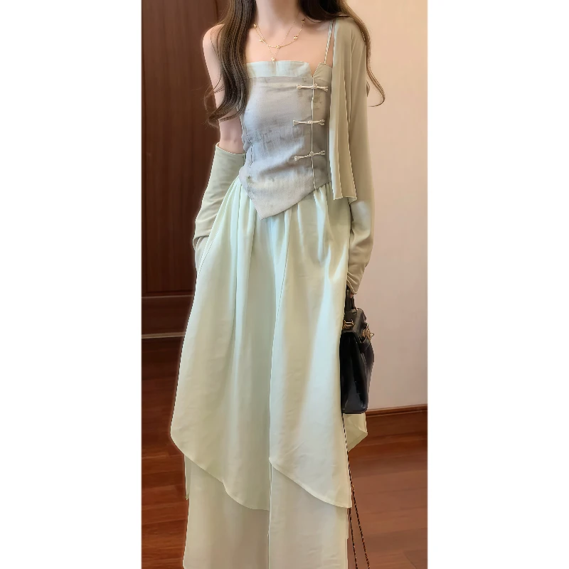 国风新中式套装改良盘扣上衣吊带裙子三件套小众禅意清冷感9502