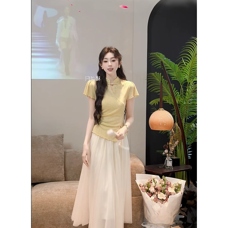 中式时尚套装半裙夏季小众套装T恤+半身裙复古轻奢气质长裙W2914