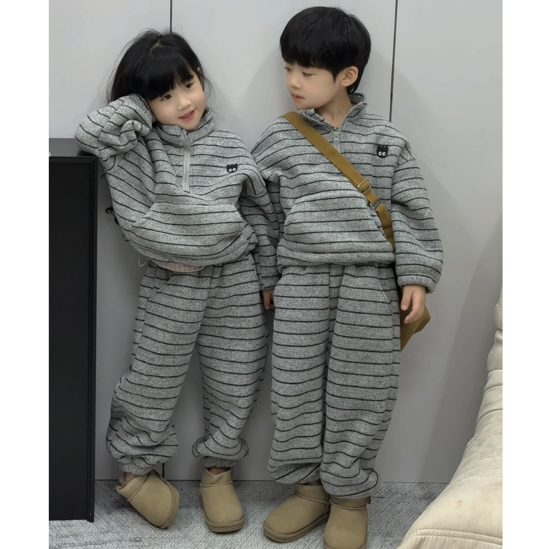 【加绒加厚】男女童冬季加绒套装洋气条纹卫衣加绒裤休闲保暖两件套