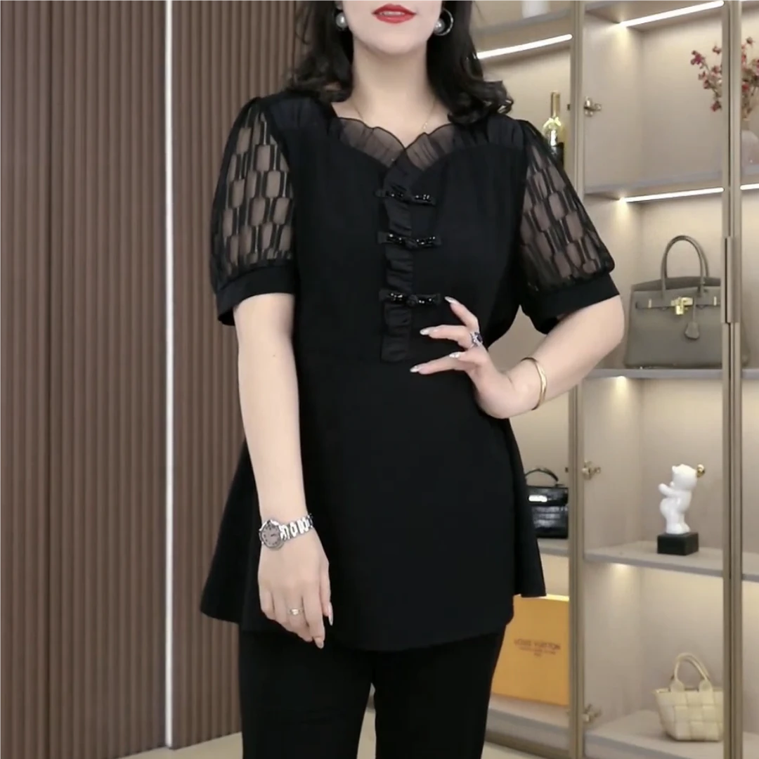 丹思慕大码女装夏季洋气时尚休闲百搭盘扣宽松遮肉显瘦上衣250961