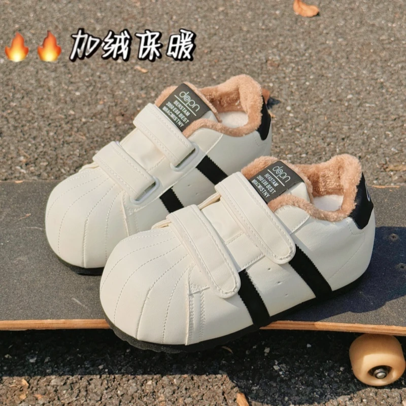 魔术贴丑萌贝壳头德训面包鞋女2025冬新款百搭增高运动加绒小棉鞋