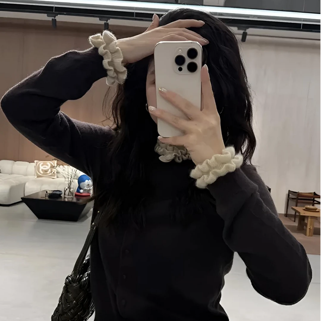 复古时尚双层木耳边撞色气质针织衫女