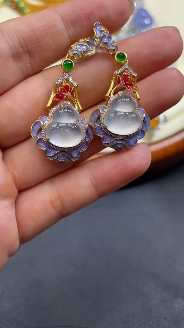 吊坠(不含链)18K金镶嵌翡翠35冰葫芦耳饰