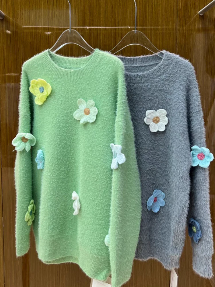 【济州岛】立体彩色钩花 圆领针织毛衣