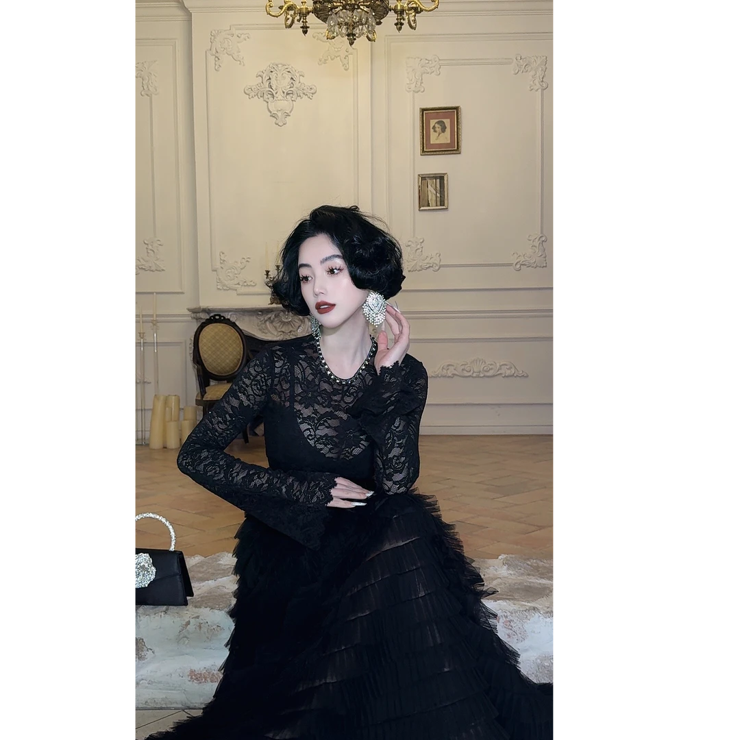 LYXJ【浪漫艾菲尔】上衣气质长袖法式显瘦长裙礼服蕾丝春季11643