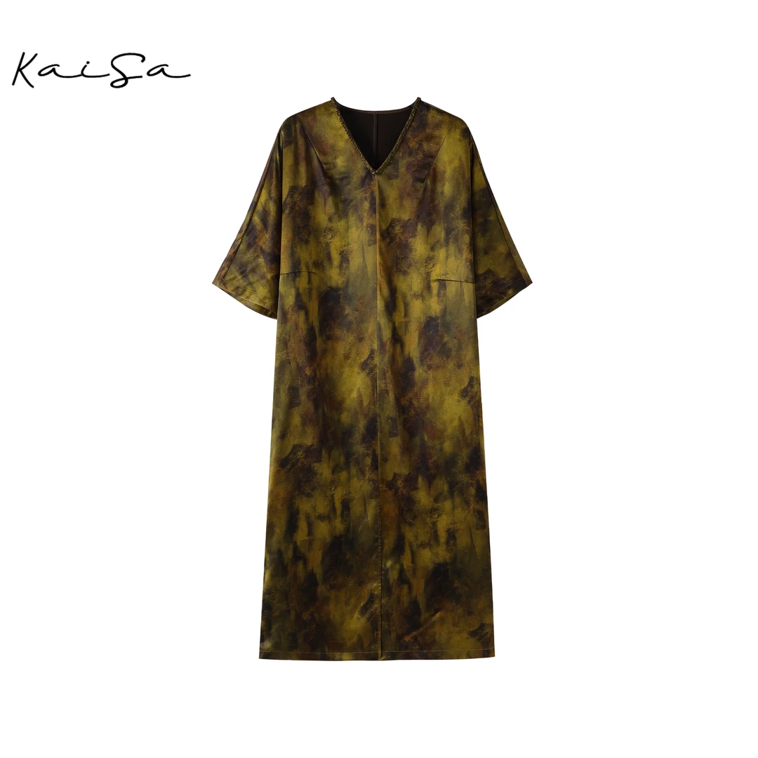 【芳黎】老料小重缎100%桑蚕丝香云纱中袖长裙连衣裙81253097