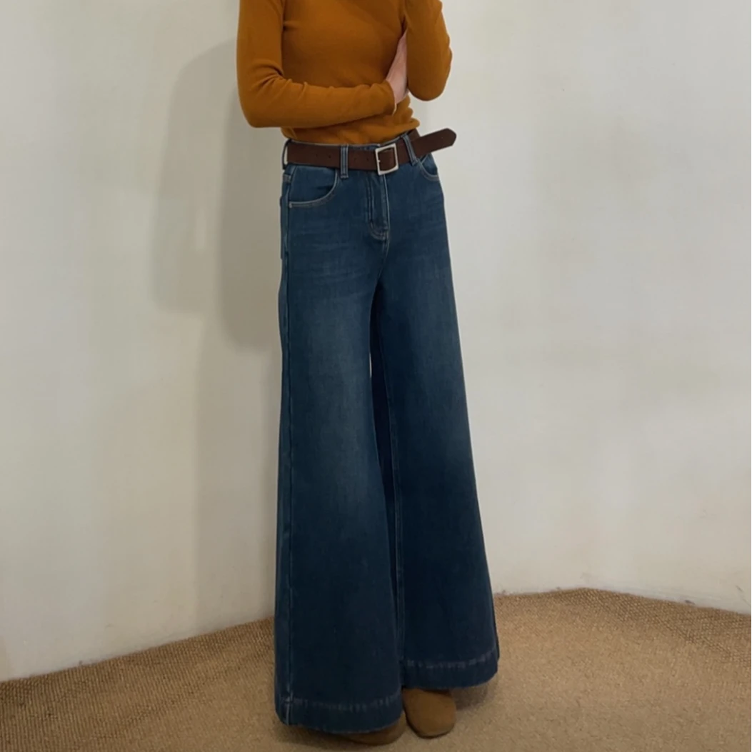 【羽奢时尚】简韩高腰加绒加厚保暖百搭阔腿牛仔裤98533